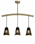 **Hedendaagse Hanglamp met Drie Strakke Zwart Kappen en Gouden Lijst**