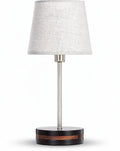 **Moderne bureaulamp met stoffen lampenkap en houten accent**