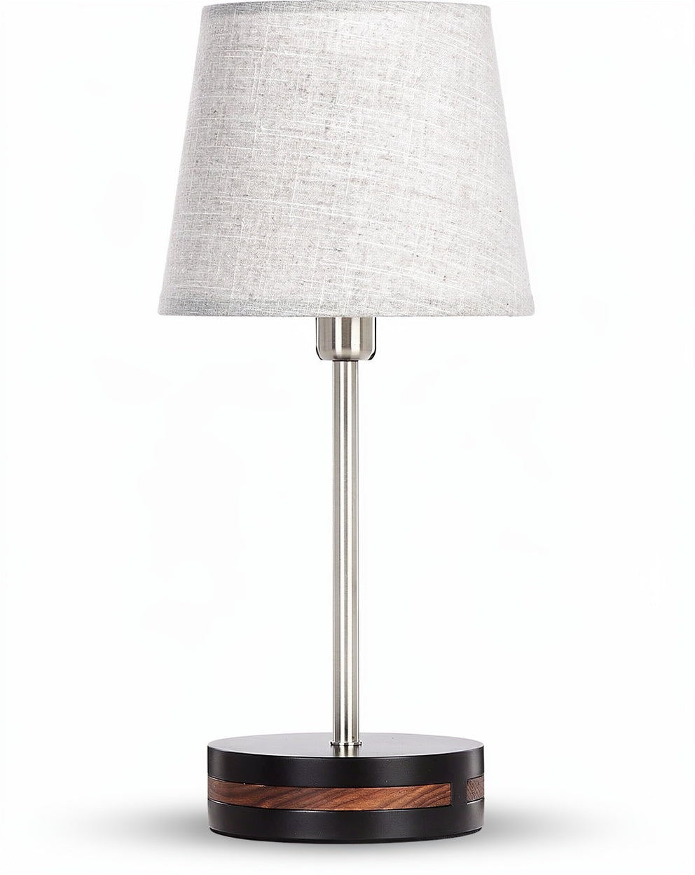 **Moderne bureaulamp met stoffen lampenkap en houten accent**