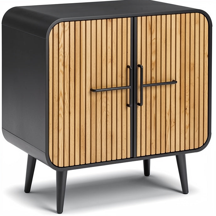 **Technische Titel in het Nederlands:** **Moderne kast met houten deuren en zwarte accenten**