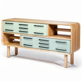 **Technische titel in het Nederlands: Moderne houten tv-meubel met groene lades**