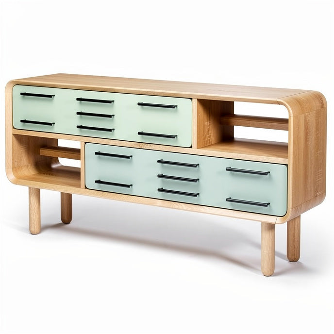 **Technische titel in het Nederlands: Moderne houten tv-meubel met groene lades**